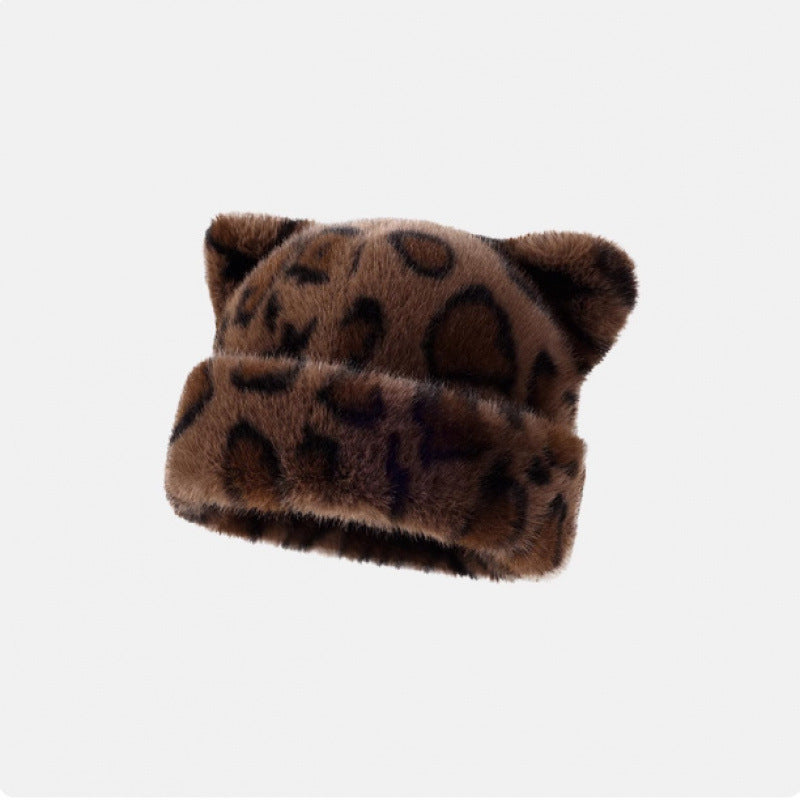 Leopard Plush Bear Hat For Women