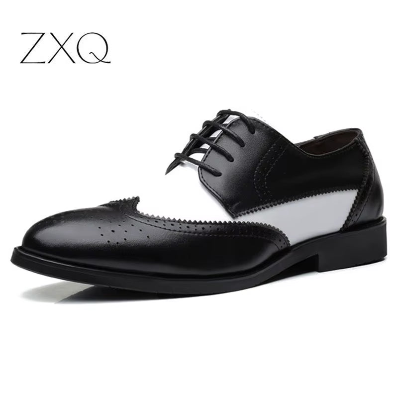 2025 British Style Men'S Trend Pointed Toe Brogues Shoes Men Wedding Leather Dress Shoes Black with White Formal Shoes Men