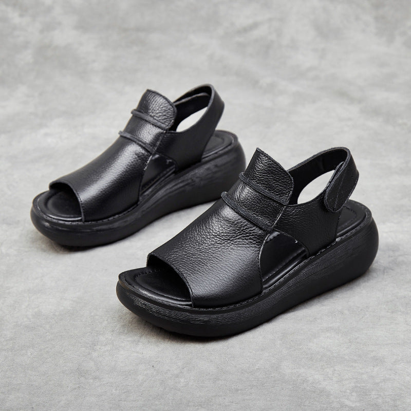 Peep Toe Casual Women's Shoes Summer Cowhide Raise The Bottom Sandals