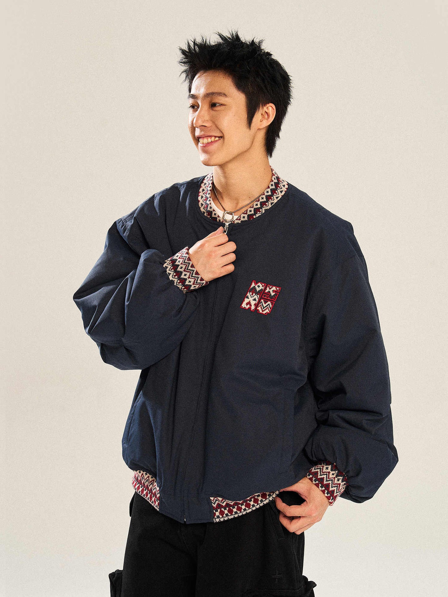 Ethnic Jacquard Stitching Thick Quilted Couple Baseball Uniform Jacket