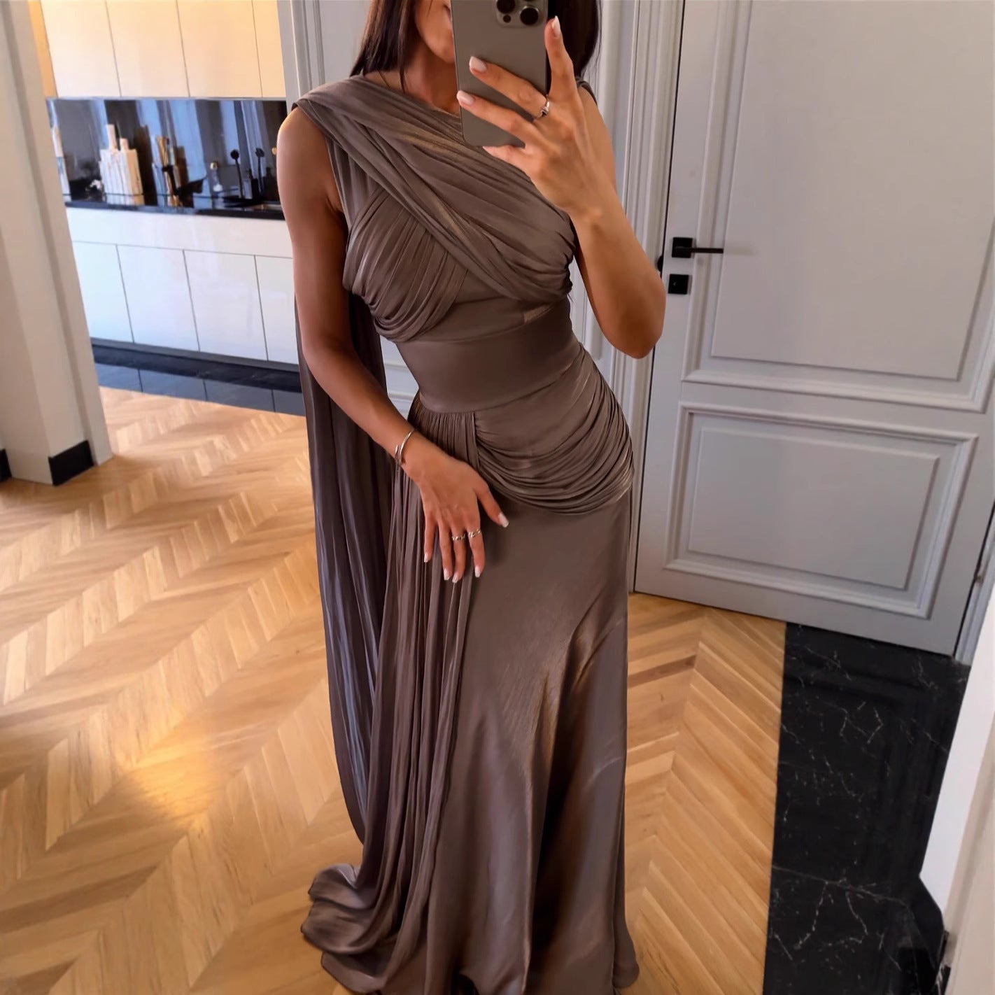 Pleated Ribbon Satin Evening Dress