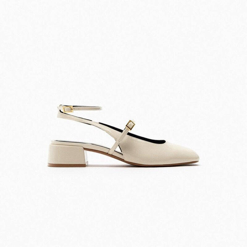 Women's Patent Leather Block Heel Open Back Square Toe Flat Sandals