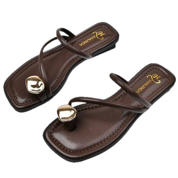 French Style Women's Fashionable Metal Toe Covering Flat Sandals