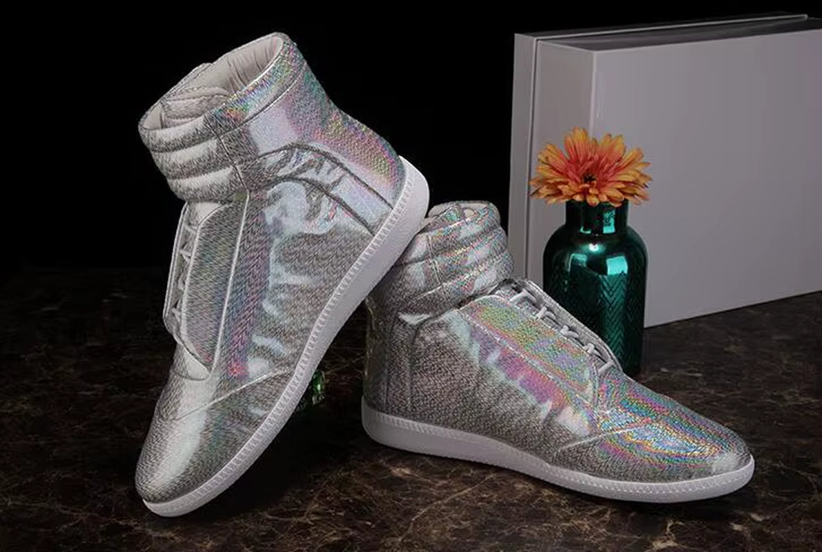 38-46 Luxury Brand Men Shoes Shinny Leather Casual Shoes Men'S High Top Silvery Gold Red High Quality Men Flats Casual Shoes