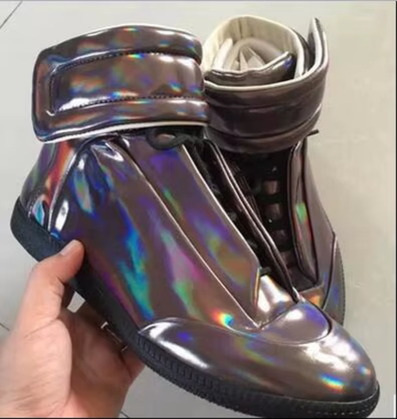 38-46 Luxury Brand Men Shoes Shinny Leather Casual Shoes Men'S High Top Silvery Gold Red High Quality Men Flats Casual Shoes