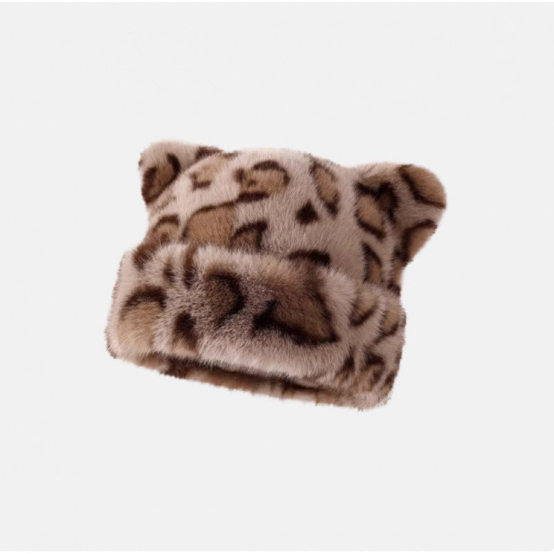 Leopard Plush Bear Hat For Women