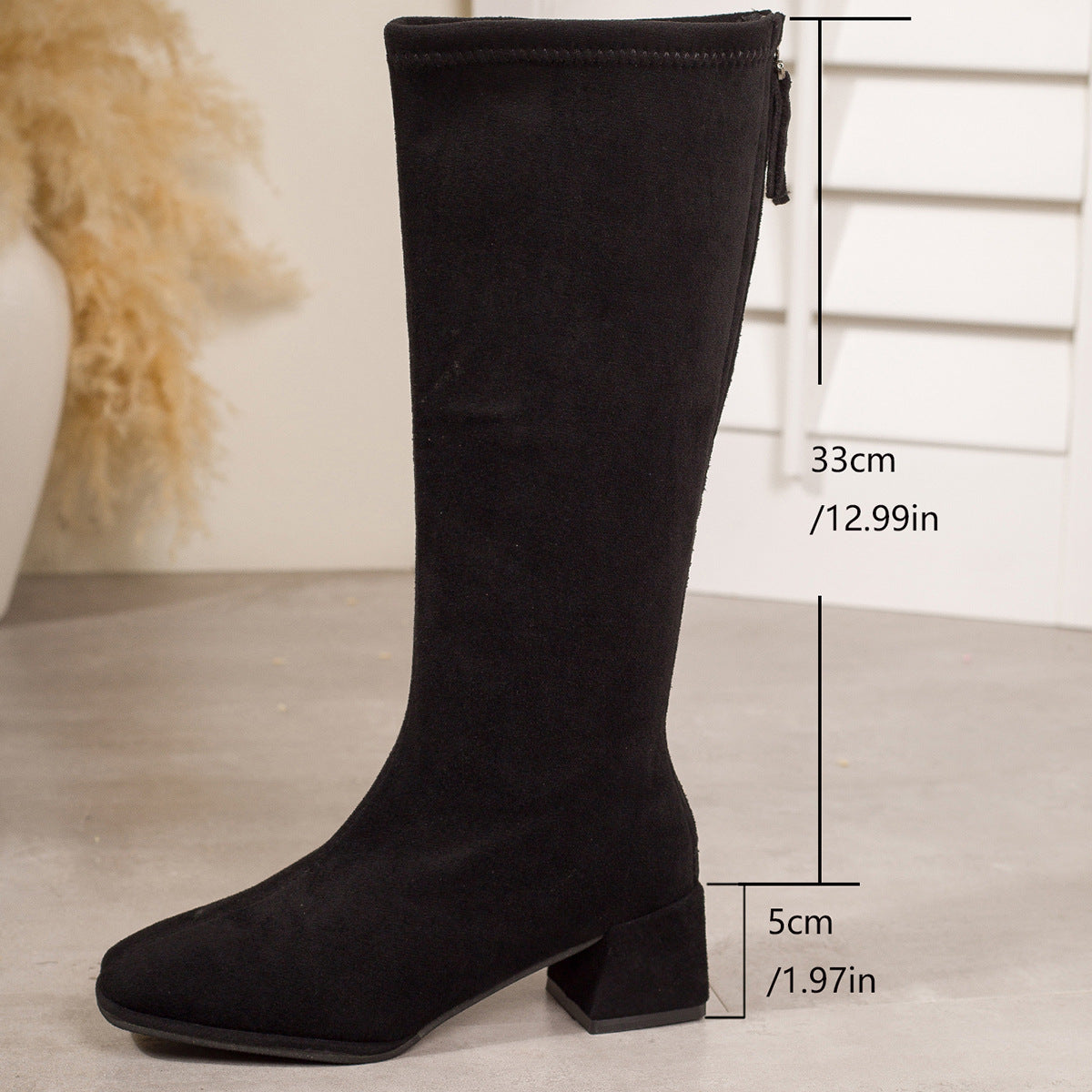 Winter Block-toe Figure-flattering Chunky-heel Stretch Boots