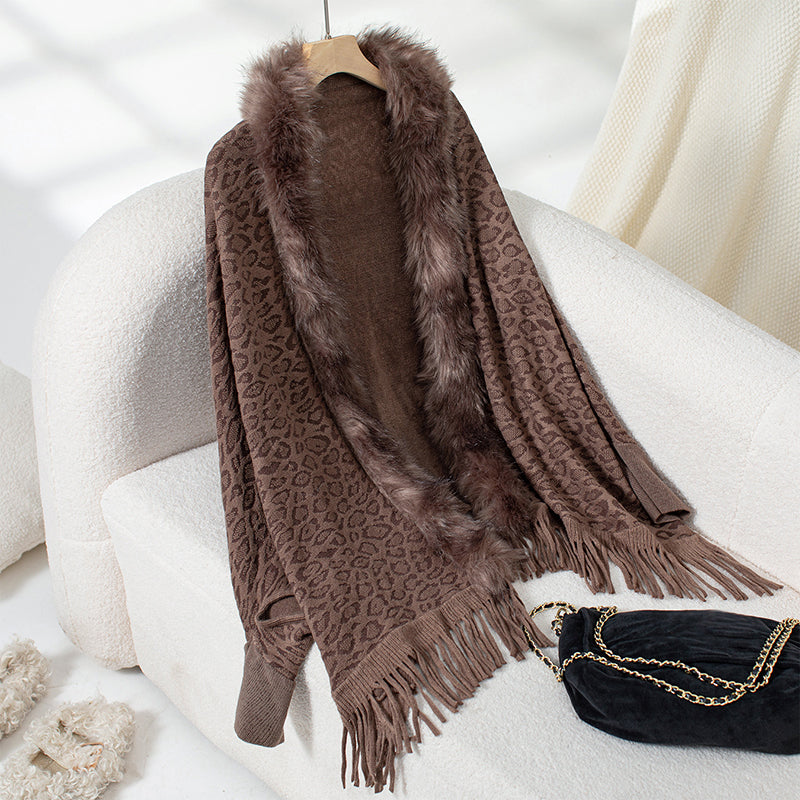 Women's Leopard Poncho With Faux Fur Collar - Fringe Hem Long Sleeve Open Front Cardigan Coat