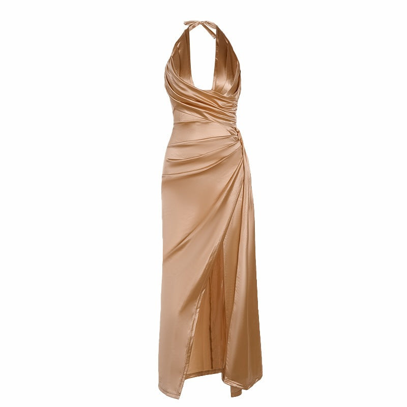 Luxury Style Sexy Slim-fit Pleated Deep V Satin Dress