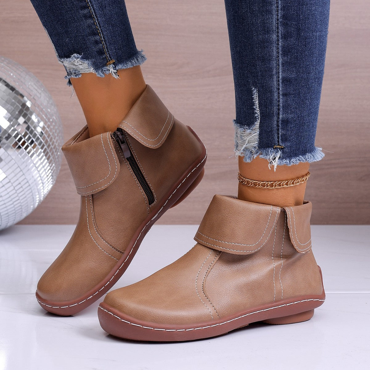Round-Toe Side-Zip Short-Boot Martin Boots With Stitched Edges
