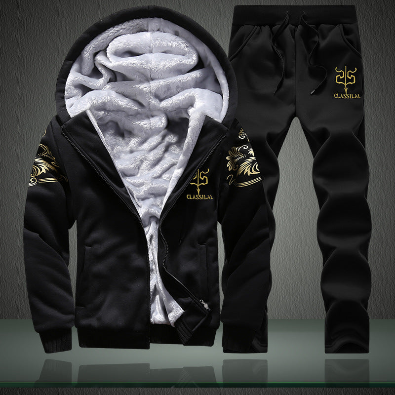 Plus-size Fleece-lined Thick Men's Casual Sport Two-piece Set