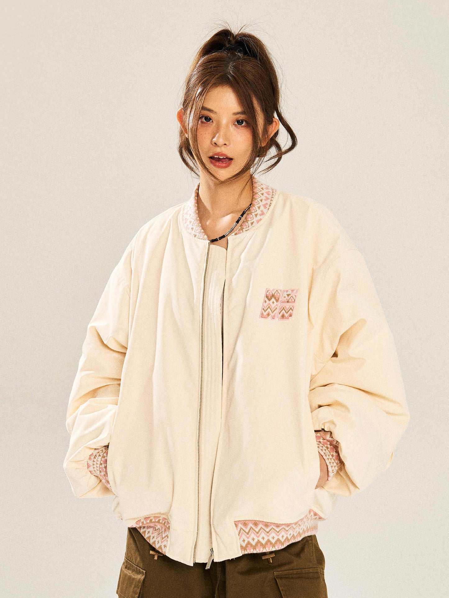 Ethnic Jacquard Stitching Thick Quilted Couple Baseball Uniform Jacket