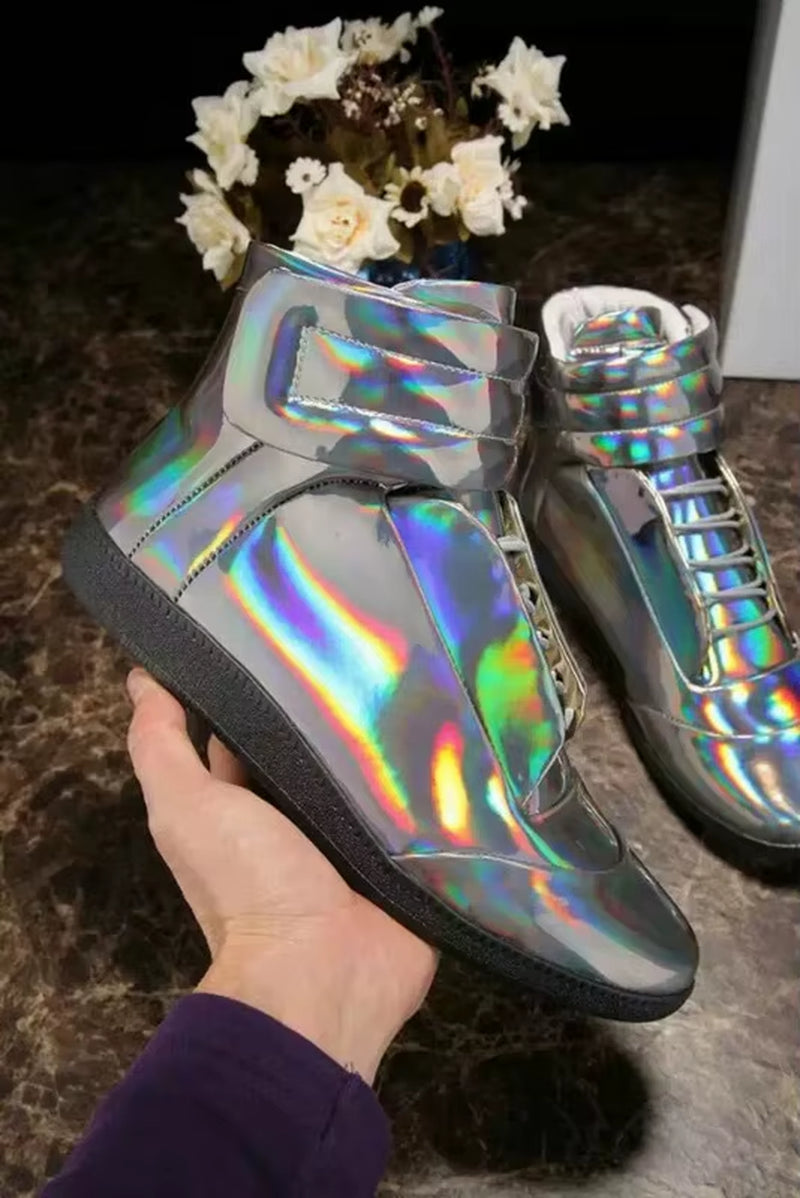 38-46 Luxury Brand Men Shoes Shinny Leather Casual Shoes Men'S High Top Silvery Gold Red High Quality Men Flats Casual Shoes