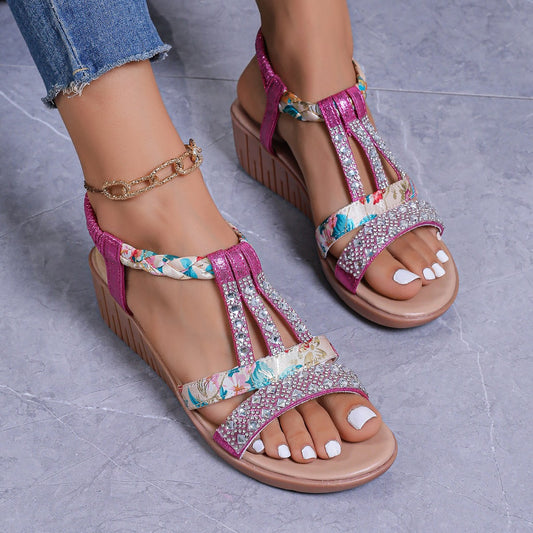 Bohemian Wedge Peep Toe Sandals Women's Fashion Outerwear Elastic Slip-on