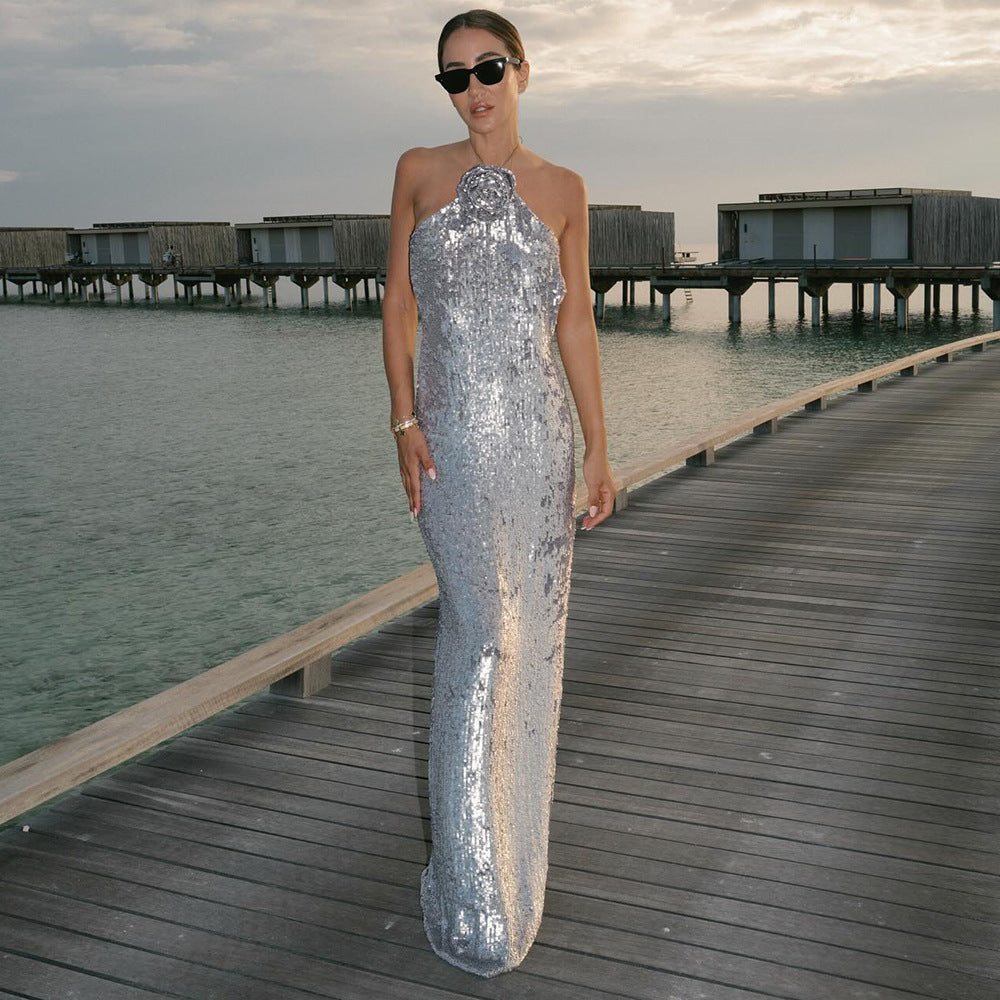 European And American Silver Paillette Dress High-grade Light Luxury
