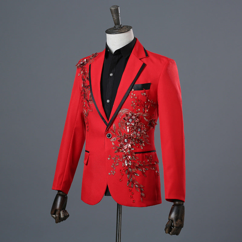 Crystal Embroidery Flowers Stage Singer Suit Jacket Bar Wedding Suit Jacket