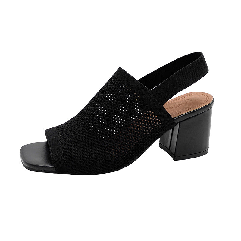 European And American Flying Woven High Heel Chunky Heel Sandals For Women