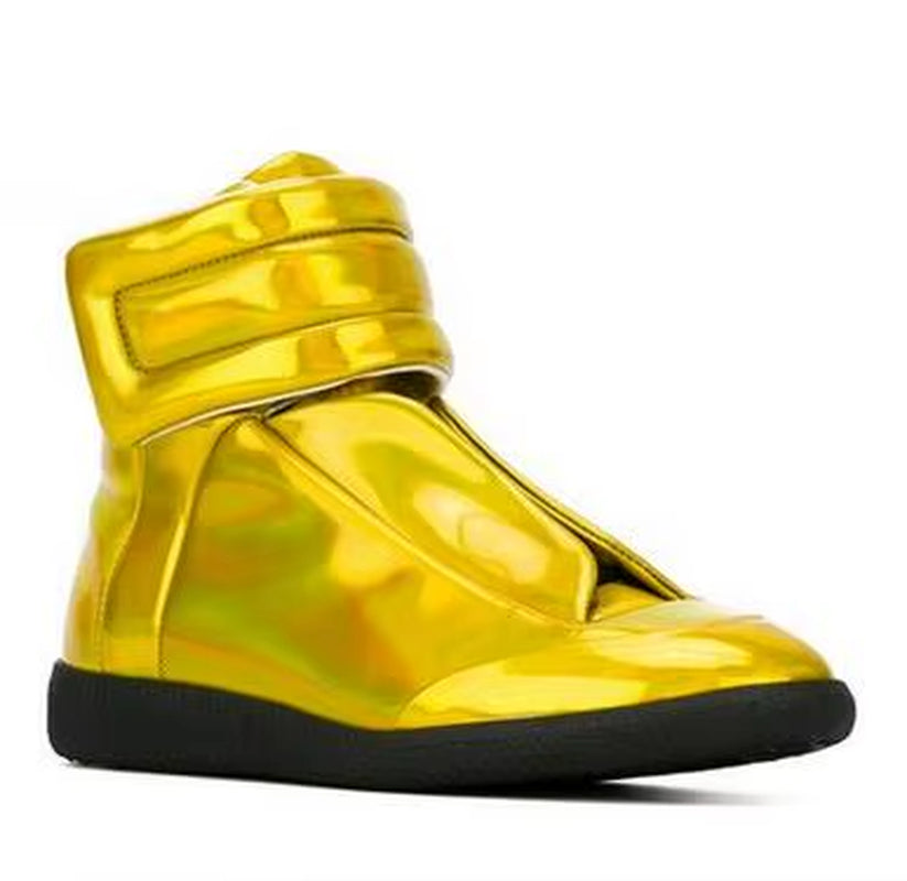38-46 Luxury Brand Men Shoes Shinny Leather Casual Shoes Men'S High Top Silvery Gold Red High Quality Men Flats Casual Shoes