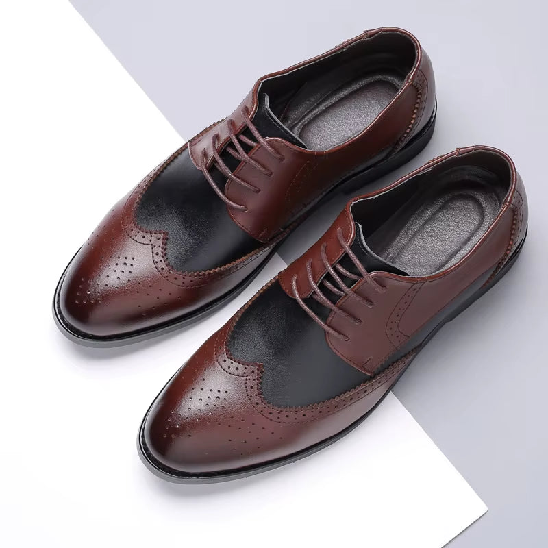 2025 British Style Men'S Trend Pointed Toe Brogues Shoes Men Wedding Leather Dress Shoes Black with White Formal Shoes Men