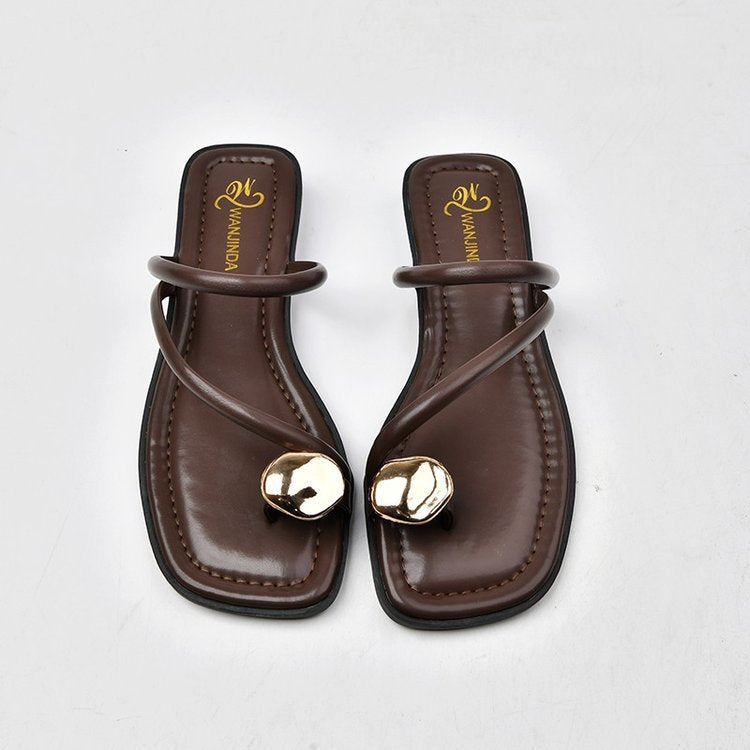 French Style Women's Fashionable Metal Toe Covering Flat Sandals