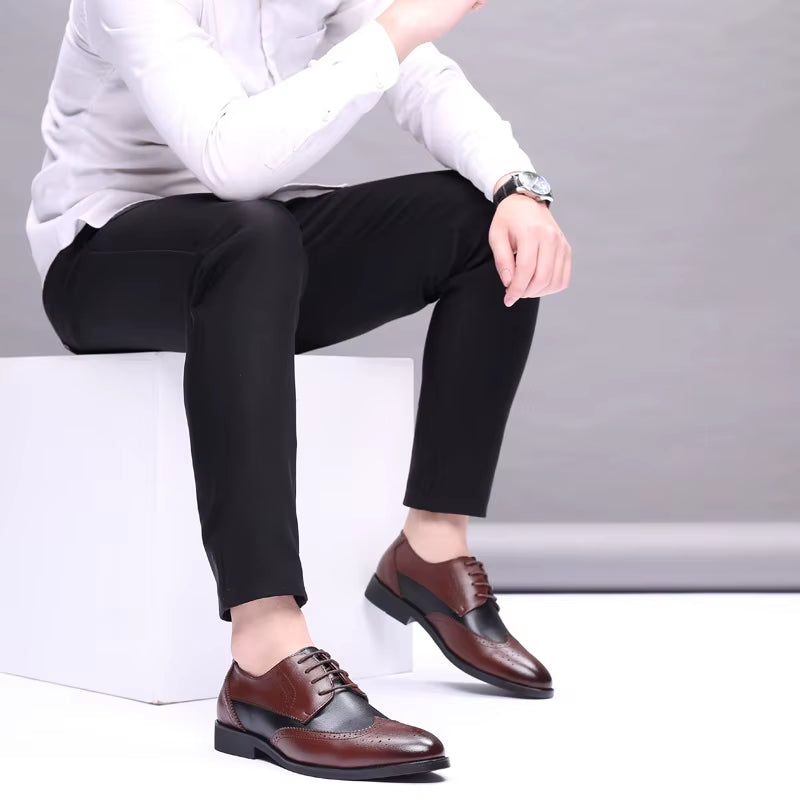 2025 British Style Men'S Trend Pointed Toe Brogues Shoes Men Wedding Leather Dress Shoes Black with White Formal Shoes Men