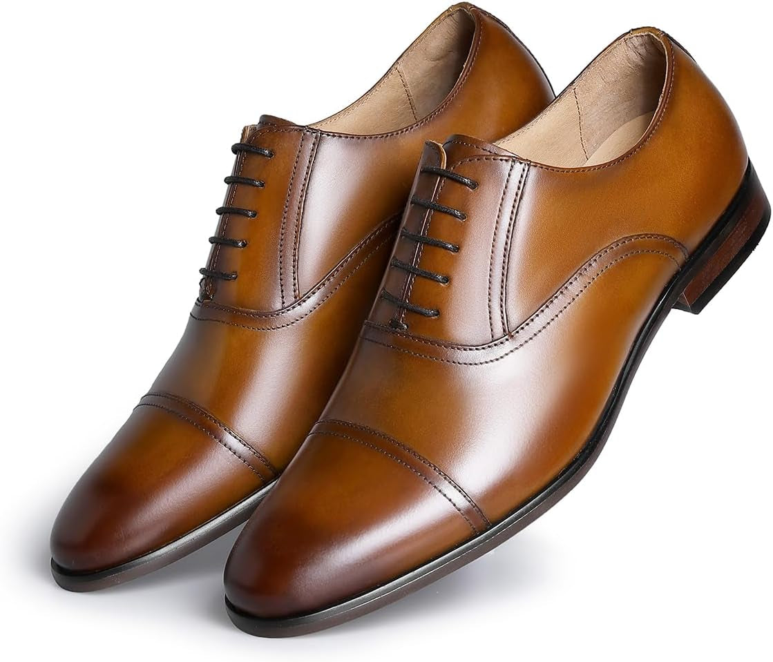 Men'S Dress Shoes Leather Cap Toe Lace-Up Oxfords