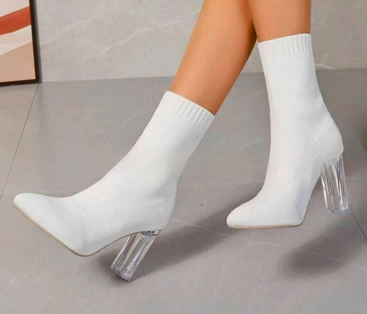 New Winter Fashion Minimalist Chunky-heeled Knitted Suede Ankle Boots With Pointed Toes For Women