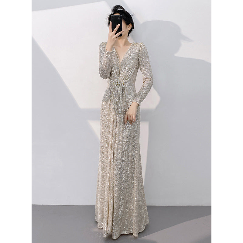 Silver Banquet Evening Dress Long Sleeve Slim-fit Light Luxury Sequins