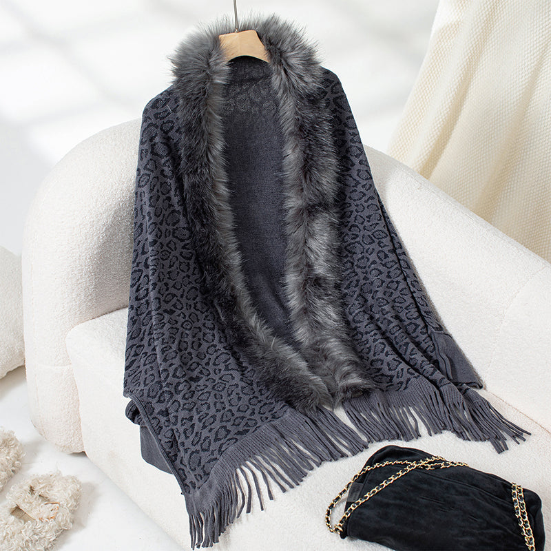 Women's Leopard Poncho With Faux Fur Collar - Fringe Hem Long Sleeve Open Front Cardigan Coat