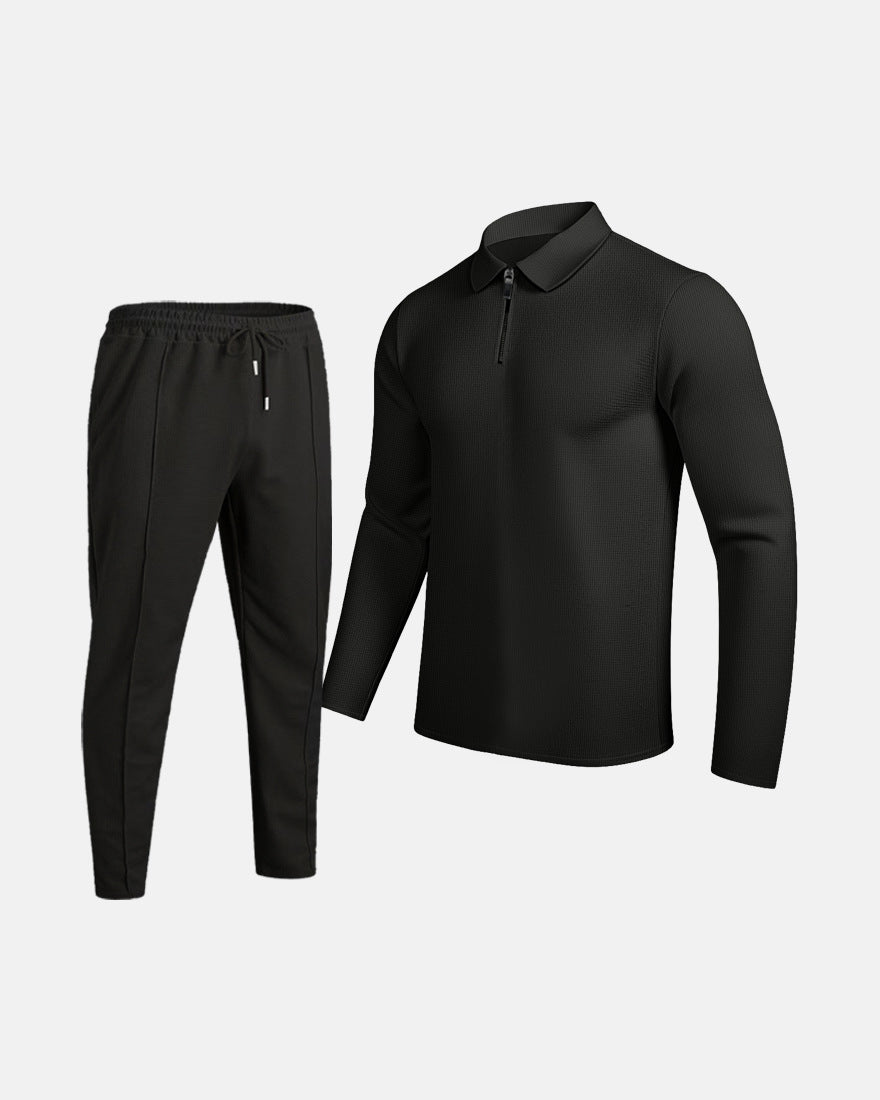 Men's Solid-Colored Waffle-Texture Top With Zipper And Lapel Plus Long Pants All-Season Casual Suit