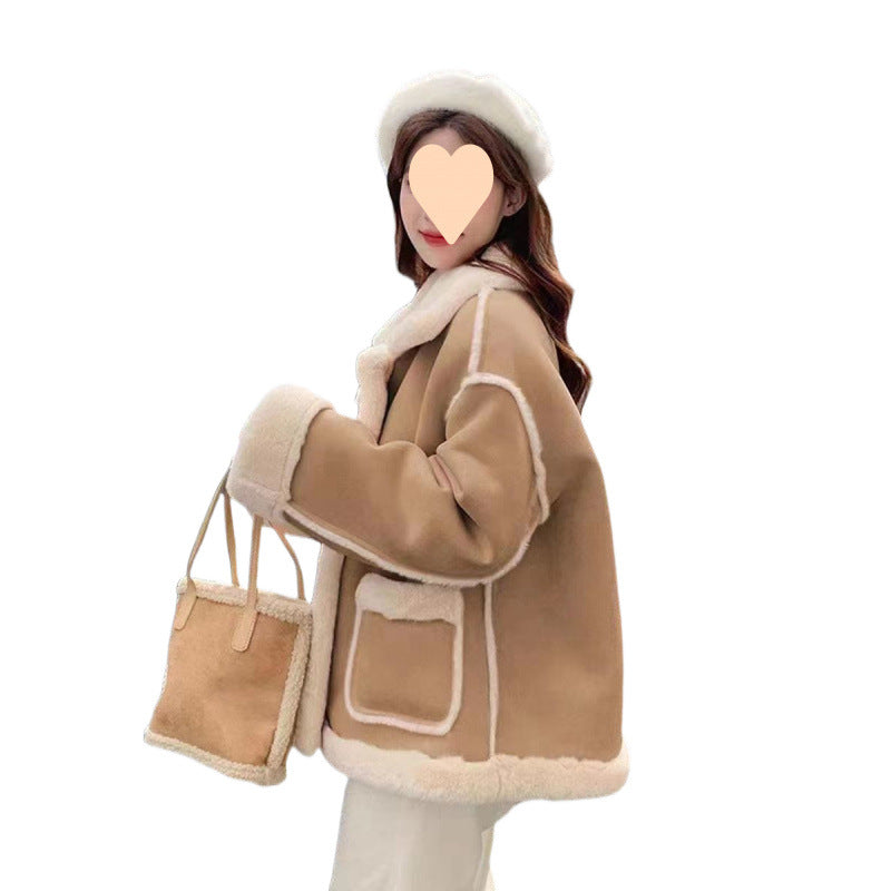 Women's Korean Suede Motorcycle Clothing Berber Fleece Coat