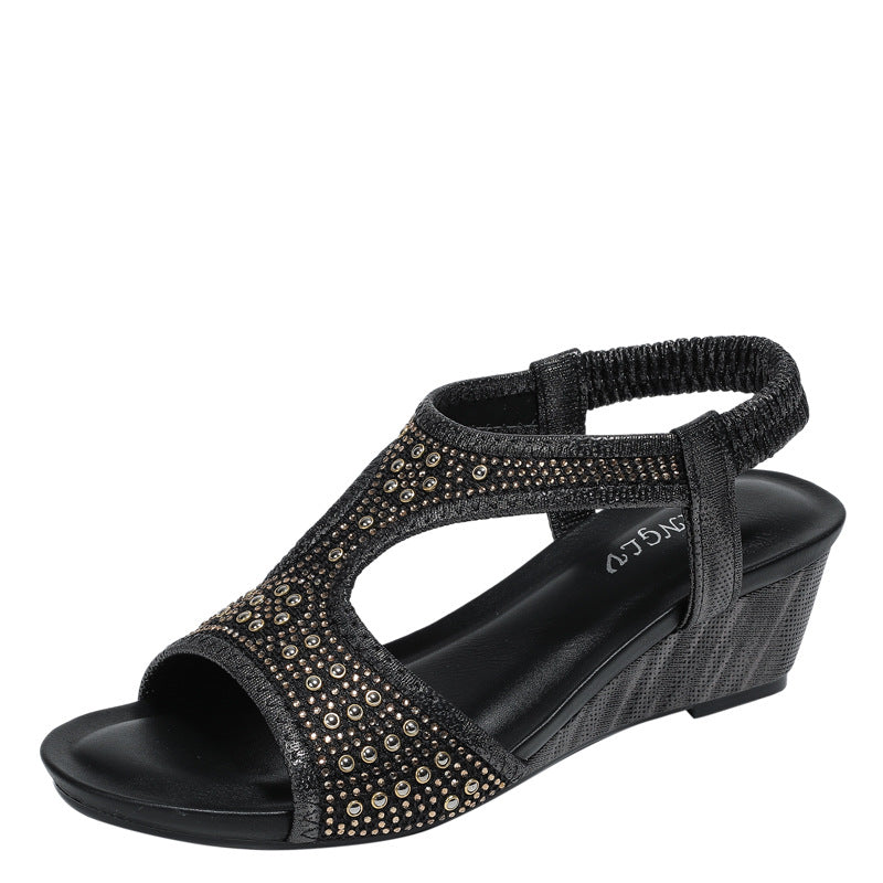 Fashionable Women's Sandals New Mid Heel Elastic Rhinestone Wedge Sandals