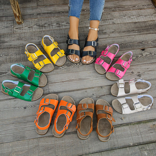Women's Flat Sandals With A Square Buckle And Chunky Sole Casual Style