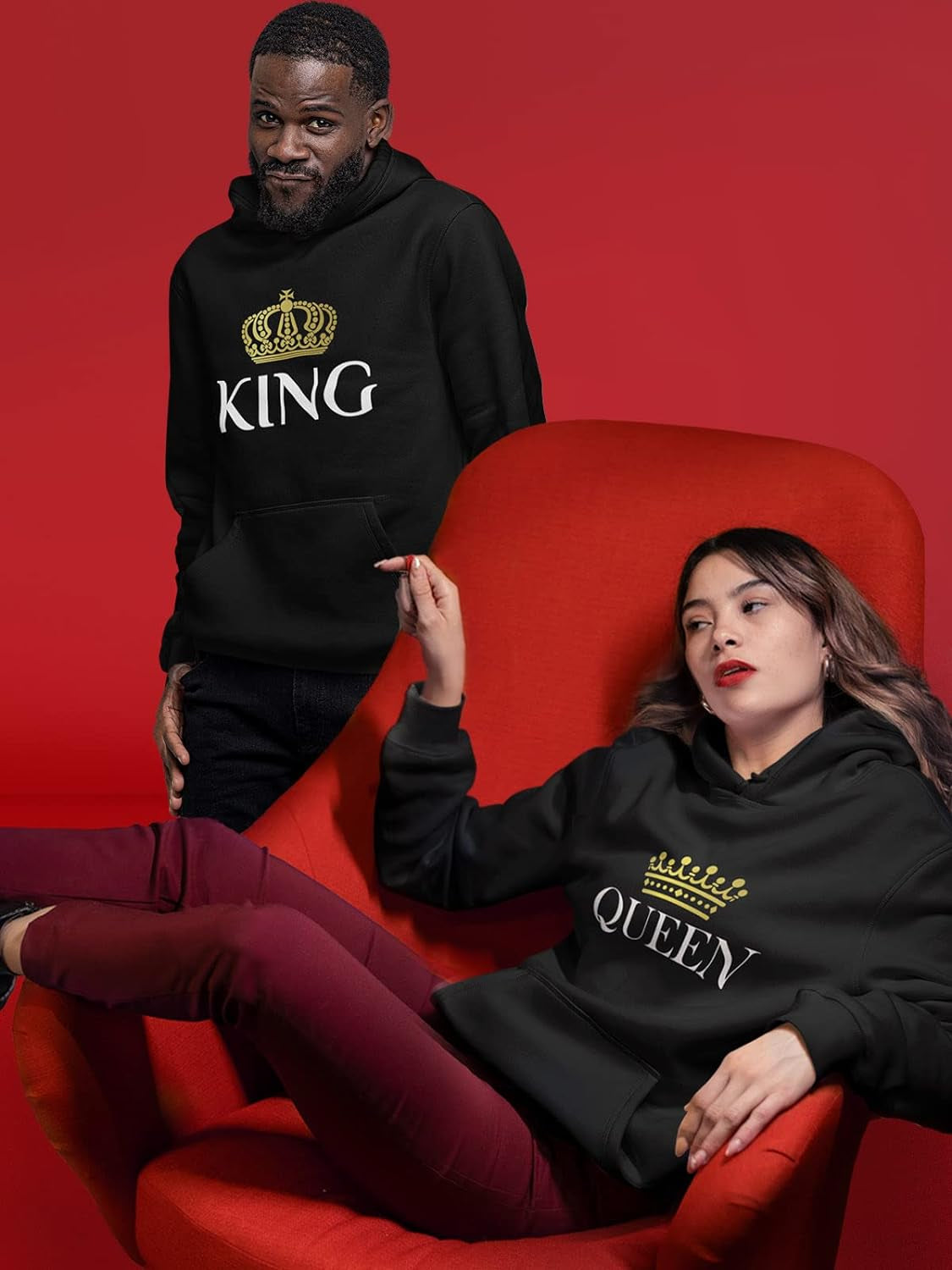 King & Queen Matching Couple Hoodie Set - His & Hers Pullover Hoodies - Valentine'S Day Gift for Couples Women Large / Men Medium