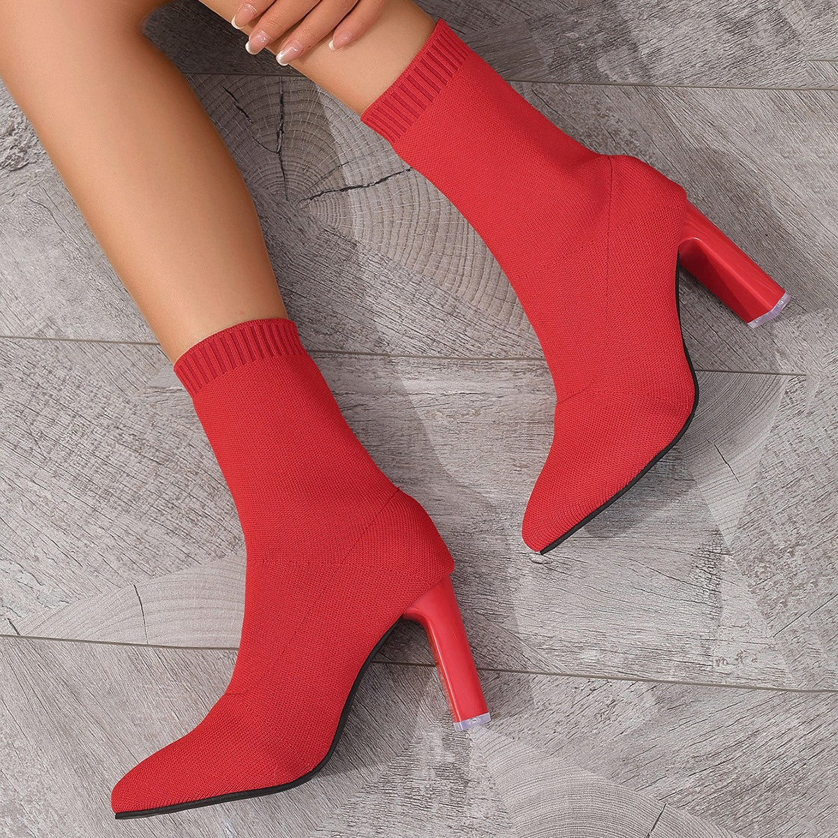 New Winter Fashion Minimalist Chunky-heeled Knitted Suede Ankle Boots With Pointed Toes For Women