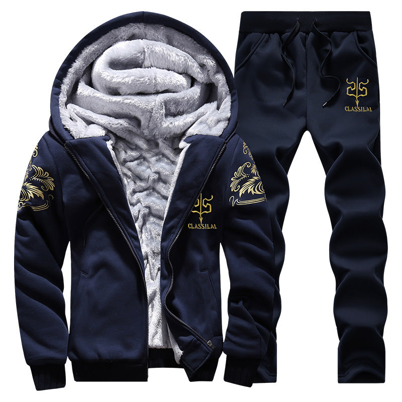 Plus-size Fleece-lined Thick Men's Casual Sport Two-piece Set