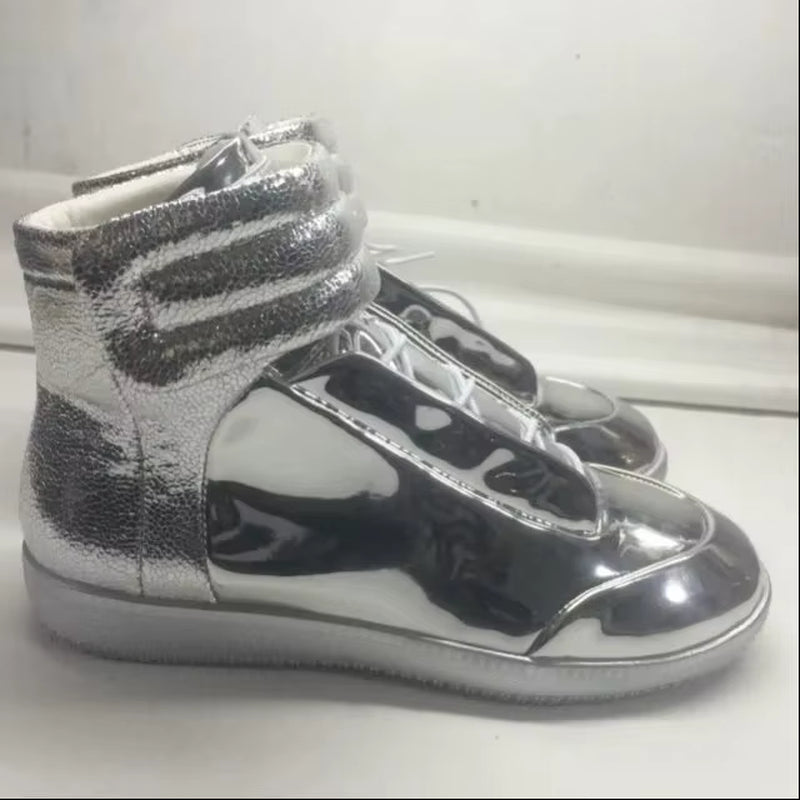 38-46 Luxury Brand Men Shoes Shinny Leather Casual Shoes Men'S High Top Silvery Gold Red High Quality Men Flats Casual Shoes