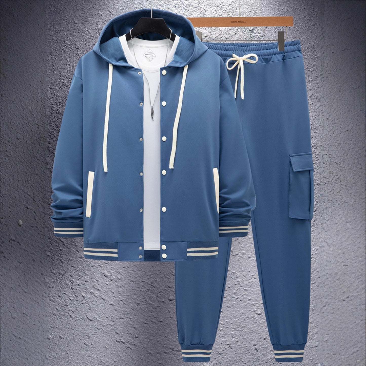 Men's Large Twill Hooded Baseball Jacket Cardigan Long Sleeve Pants Set