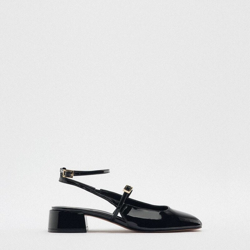 Women's Patent Leather Block Heel Open Back Square Toe Flat Sandals