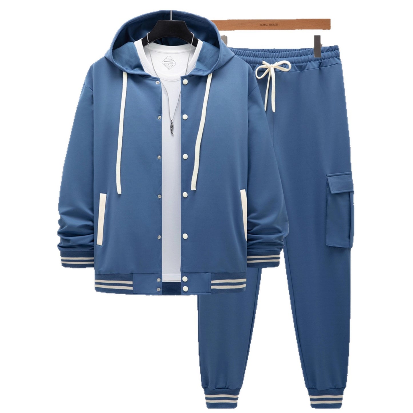 Men's Large Twill Hooded Baseball Jacket Cardigan Long Sleeve Pants Set