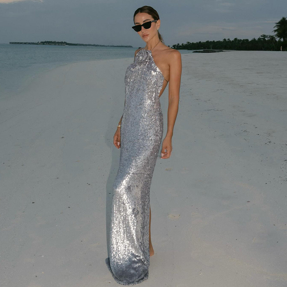 European And American Silver Paillette Dress High-grade Light Luxury
