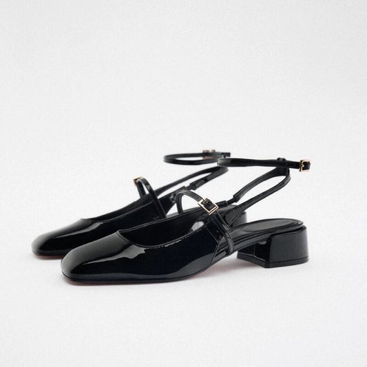 Women's Patent Leather Block Heel Open Back Square Toe Flat Sandals