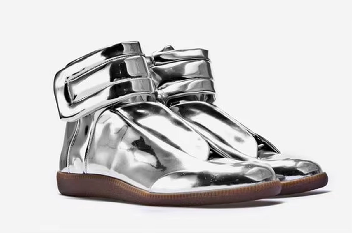 38-46 Luxury Brand Men Shoes Shinny Leather Casual Shoes Men'S High Top Silvery Gold Red High Quality Men Flats Casual Shoes