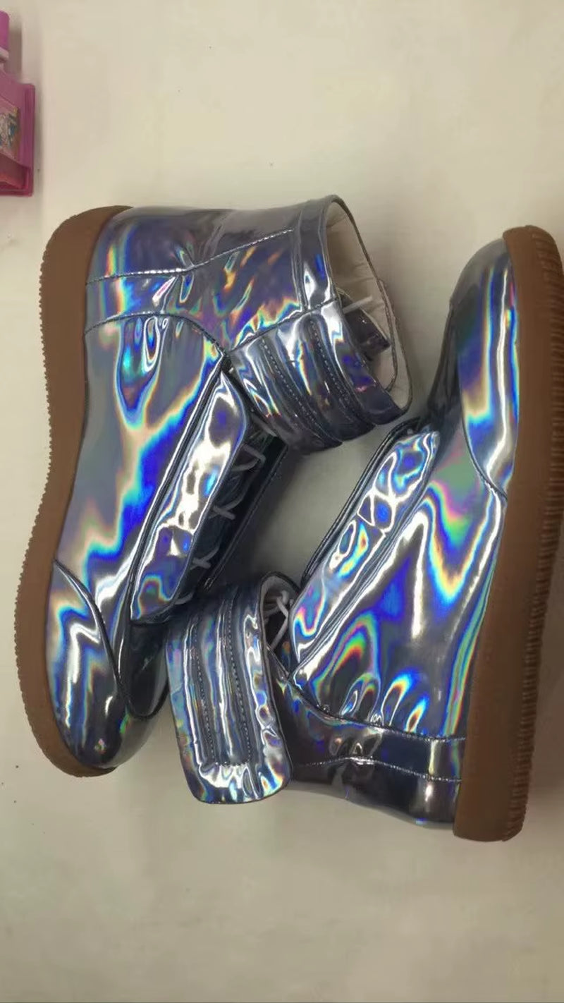 38-46 Luxury Brand Men Shoes Shinny Leather Casual Shoes Men'S High Top Silvery Gold Red High Quality Men Flats Casual Shoes