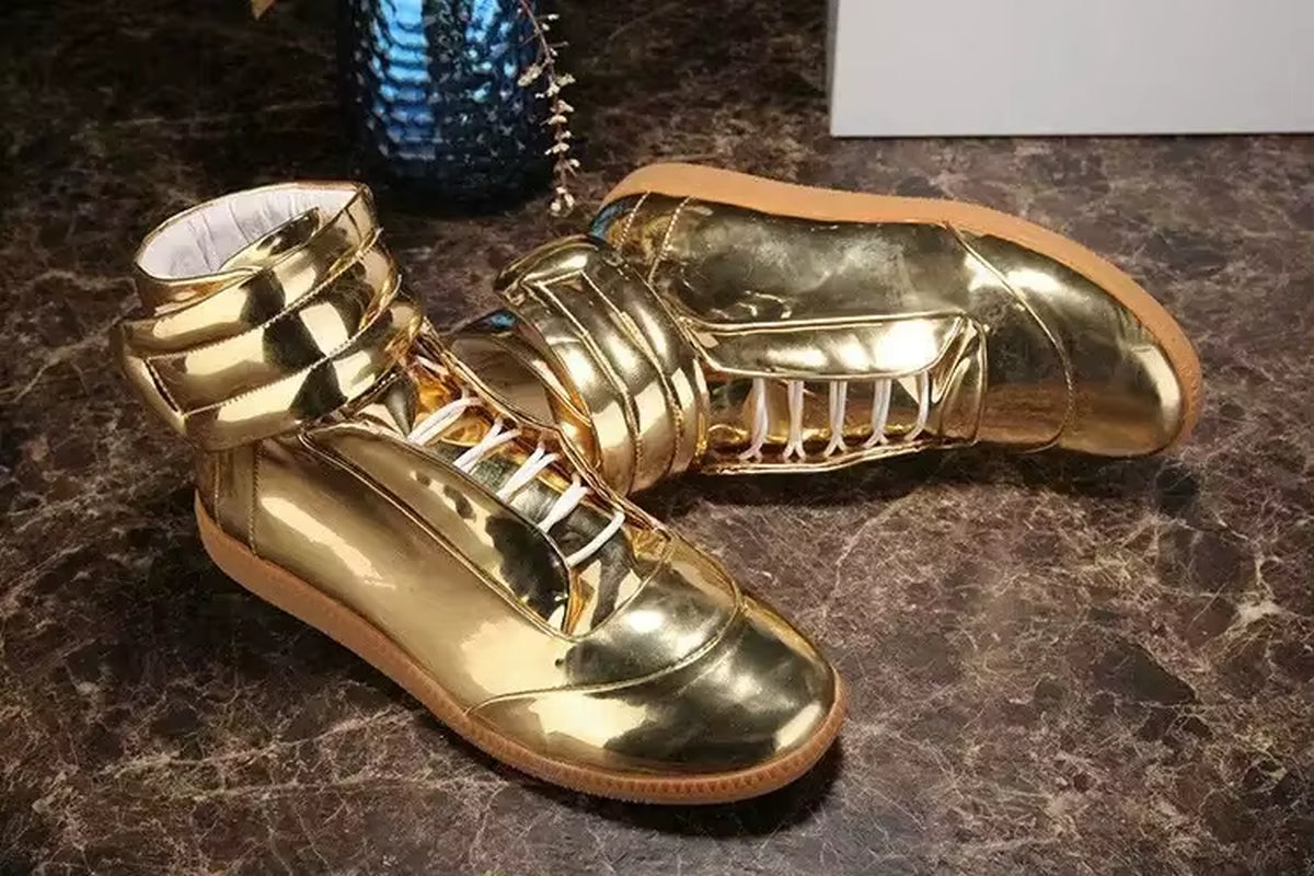 38-46 Luxury Brand Men Shoes Shinny Leather Casual Shoes Men'S High Top Silvery Gold Red High Quality Men Flats Casual Shoes