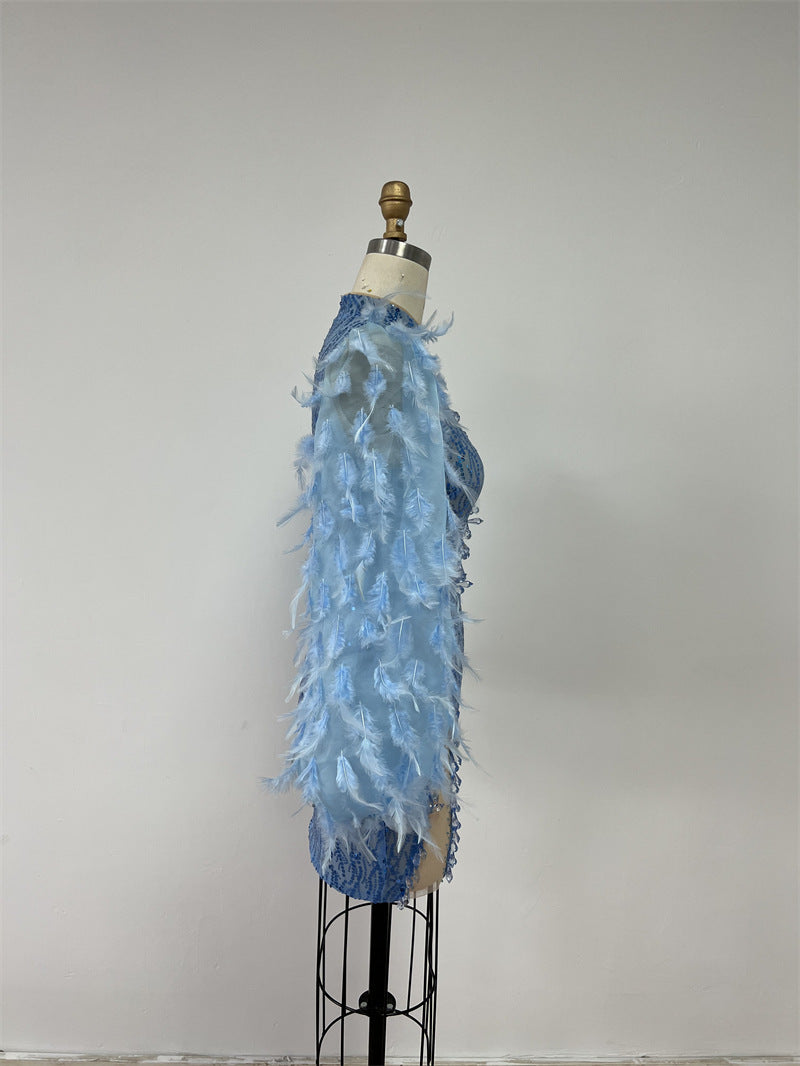 Hollow Gorgeous Feather Sleeve Blue Sequins Dress Light Luxury