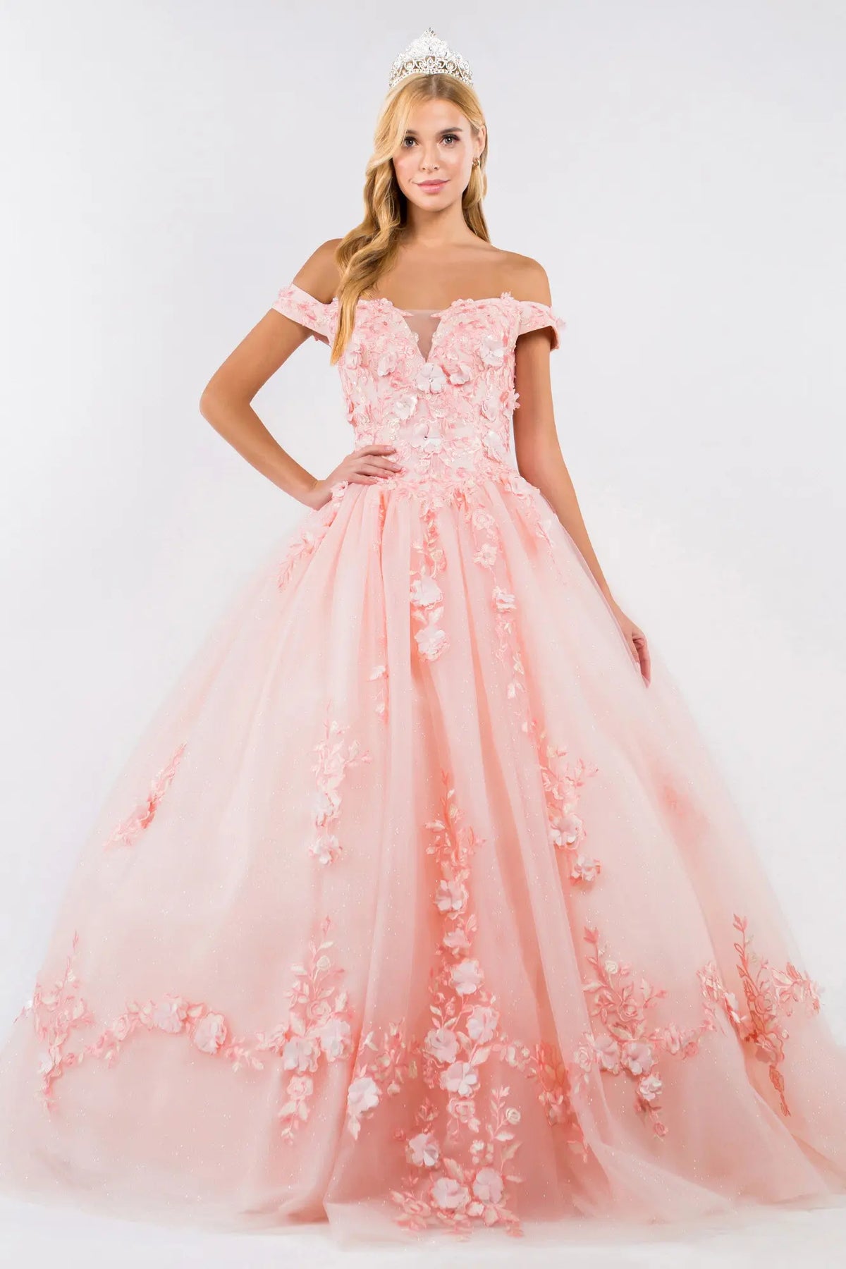 Product/embroidery embellished glitter mesh cut away shoulder quinceanera dress GLGL1958