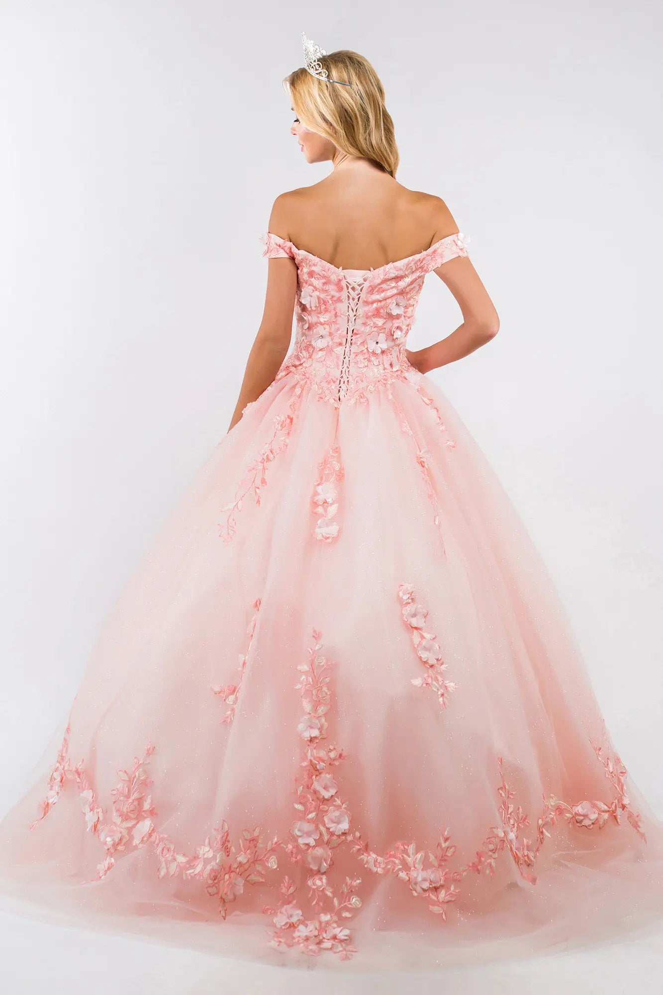 Product/embroidery embellished glitter mesh cut away shoulder quinceanera dress GLGL1958