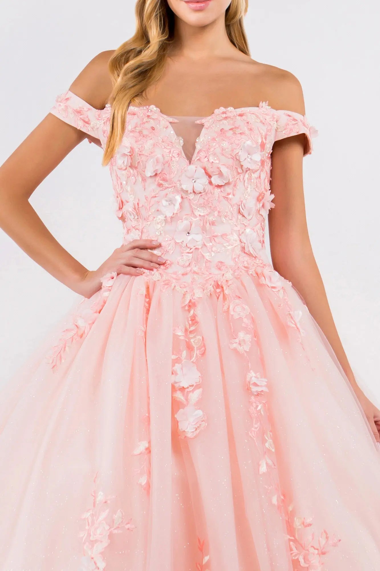 Product/embroidery embellished glitter mesh cut away shoulder quinceanera dress GLGL1958