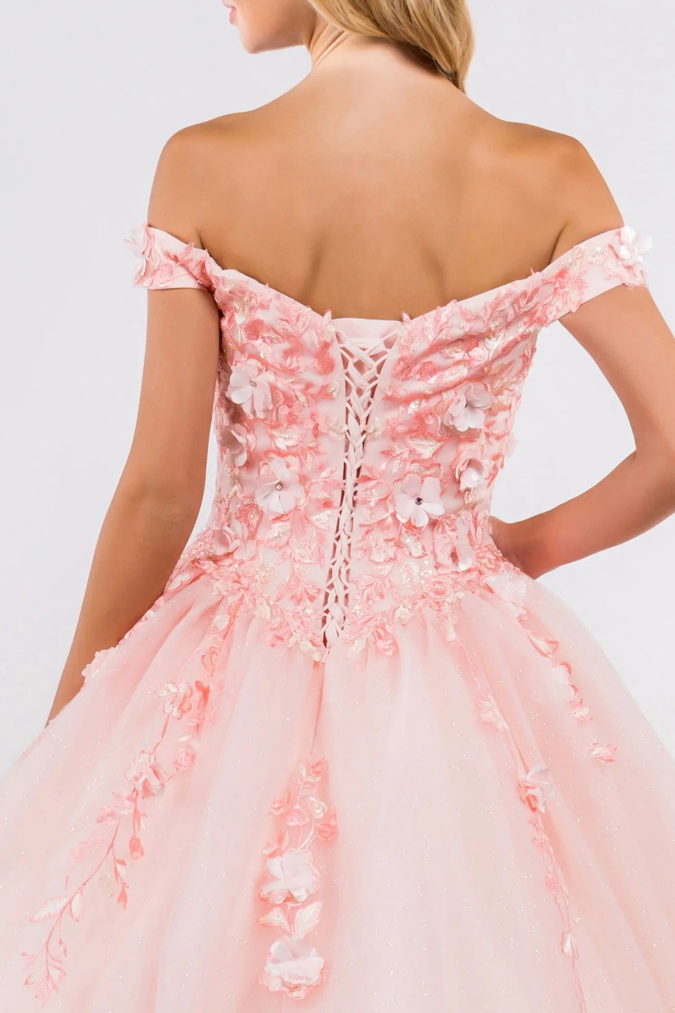 Product/embroidery embellished glitter mesh cut away shoulder quinceanera dress GLGL1958